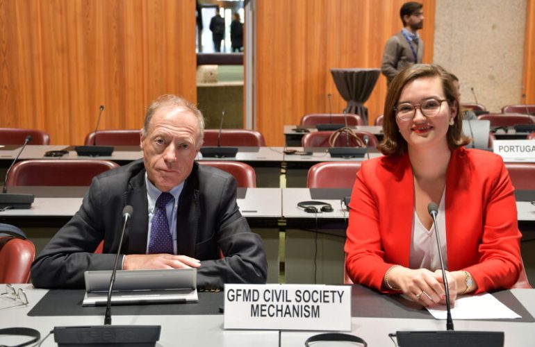 ICMC Director of Policy Stéphane Jaquemet and GFMD Civil Society Co-Coordinator Clara Keller-Skupień represent the GFMD Civil Society Mechanism at the preparatory meeting held on 22-23 November 2022. ©Oumou Diallo/ICMC
