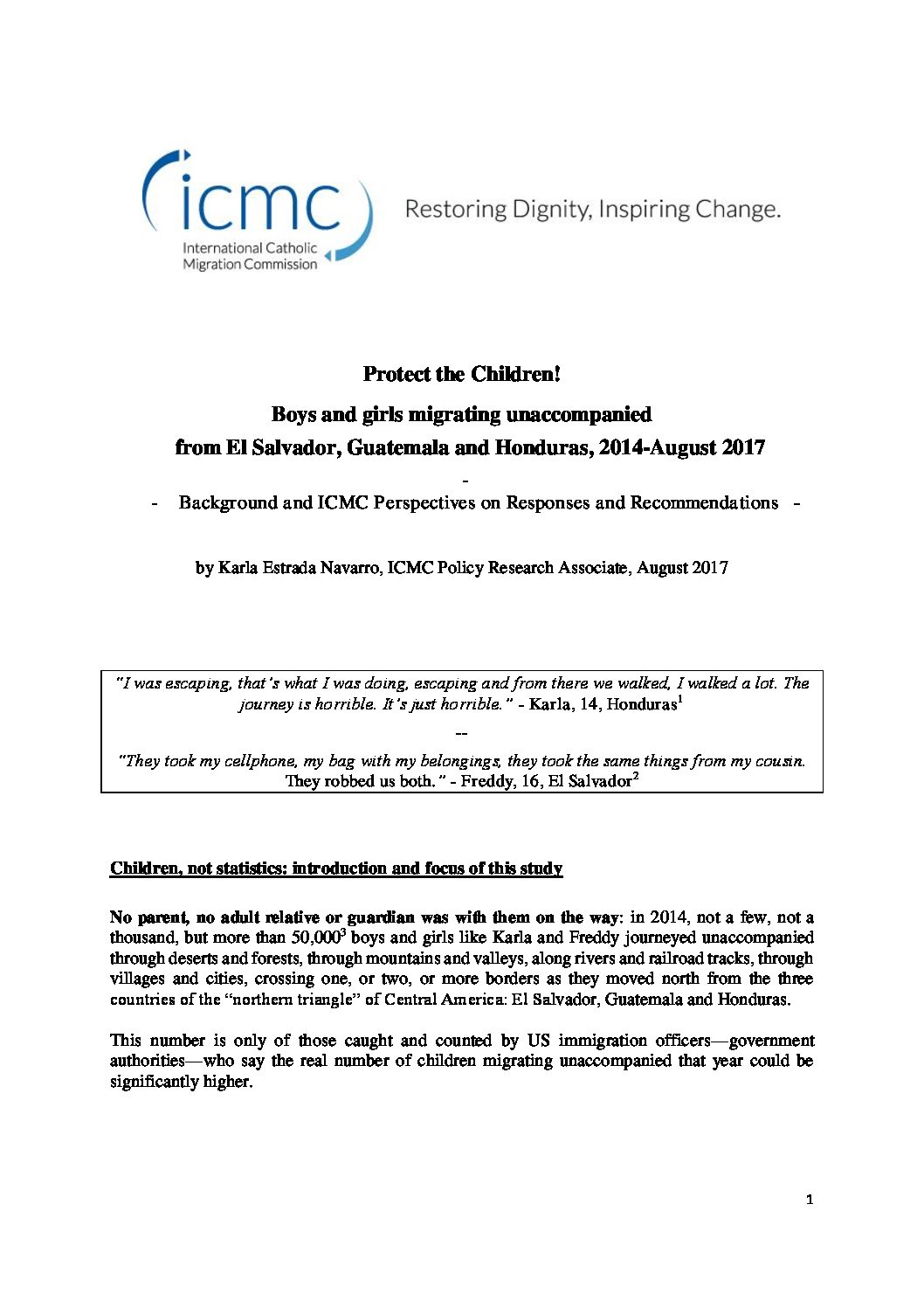 Protect The Children Boys And Girls Migrating Unaccompanied From El Salvador Guatemala And Honduras The International Catholic Migration Commission Icmc