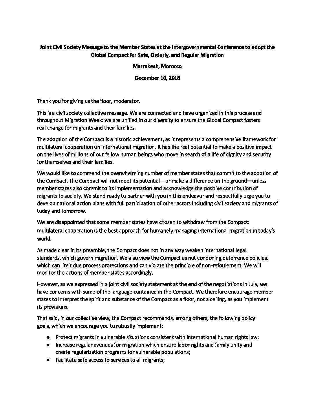 Joint Civil Society Message to the Member States at the 