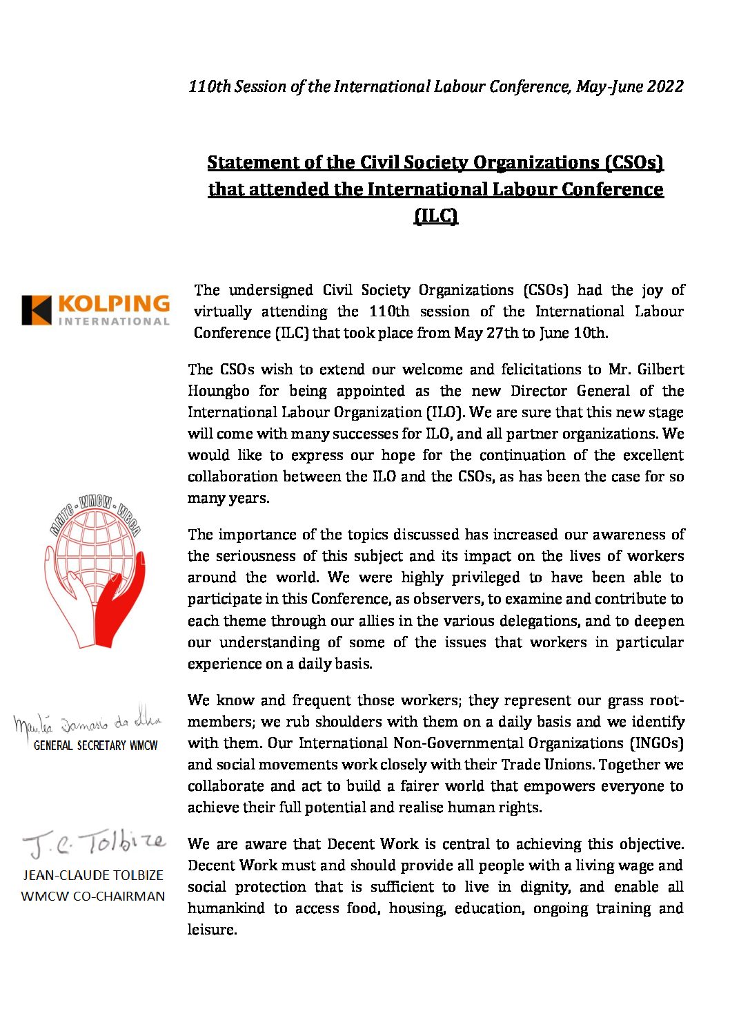 Statement of civil society organizations attending the 