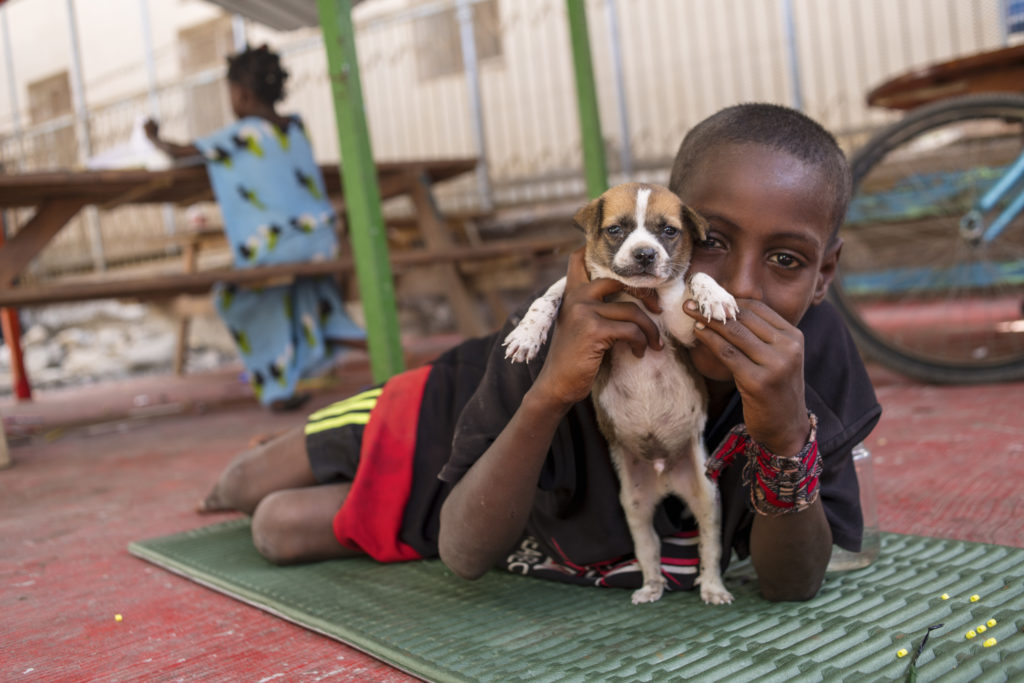 Unaccompanied Migrant Children with puppy