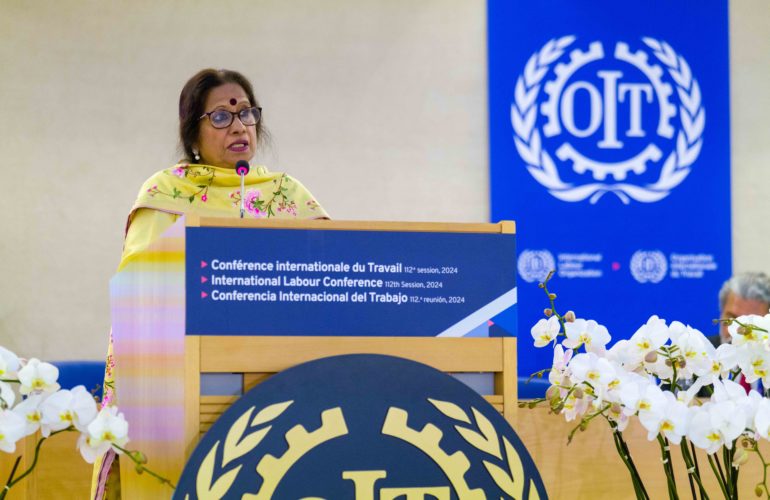 ICMC President Miss Christine Nathan addresses the 112th ILC plenary debate on 5 June 2024