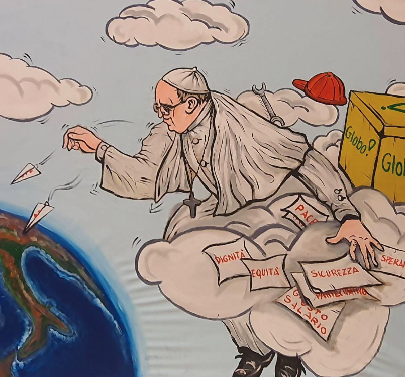 A painting depicting Pope Francis completed during the World of Work, Place of Hope event