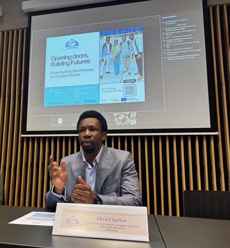 Mr Eliya Cigiriza, higher education student in Belgium & Refugee Student Advisor to the Share Network, speaks at the Share conference ‘Opening doors, Building Futures: Advancing Education Pathways for refugees in Europe’, held at UC Louvain, Belgium, in November 2025 © V.Díaz Frias/ICMC Europe