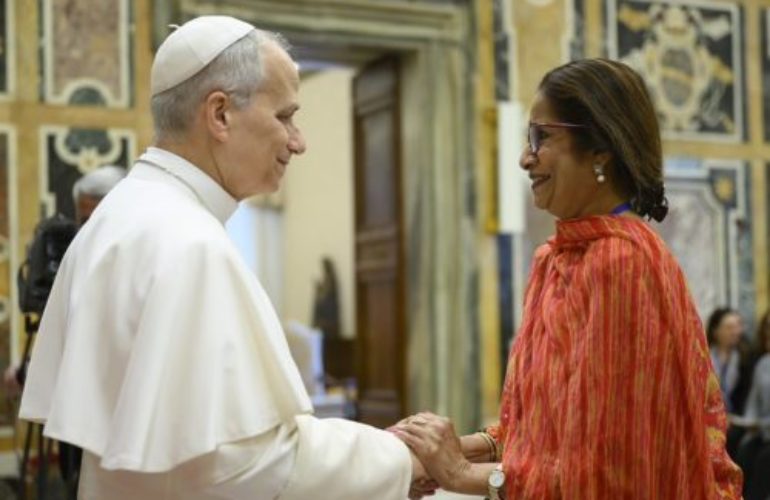 Christine Nathan, President of the ICMC, and Pope Leo XIV at the steering committee meeting for the project ‘From Crisis to Care: Catholic Action for Children’, in Rome, February 2026 © Vatican Media