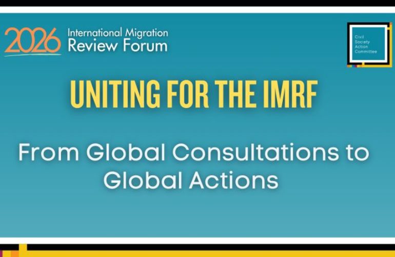 Flyer for ‘Uniting for the IMRF’, the 3 May civil society IMRF preparatory event facilitated by the ICMC-coordinated Civil Society Action Committee