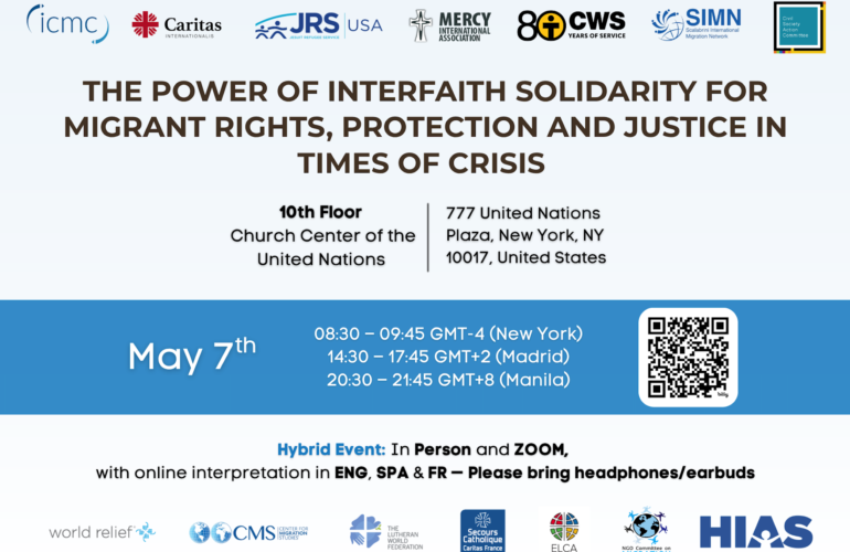 Flyer for ' The power of interfaith solidarity for migrant rights, protection and justice in times of crisis', an IMRF side event