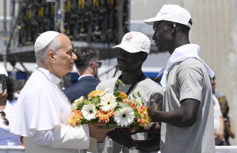 Pope Leo XIV at his meeting with migrants and organizations assisting them in the port of Arguineguín, Gran Canaria, during the 2026 Apostolic Visit to Spain