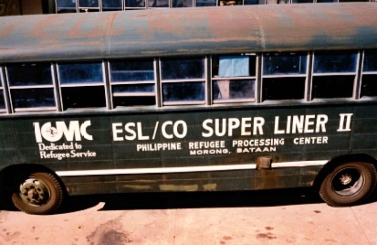 Bus transporting refugees in the Philippines, during ICMC's 1980s South East Asia refugee resettlement processing operations in the region