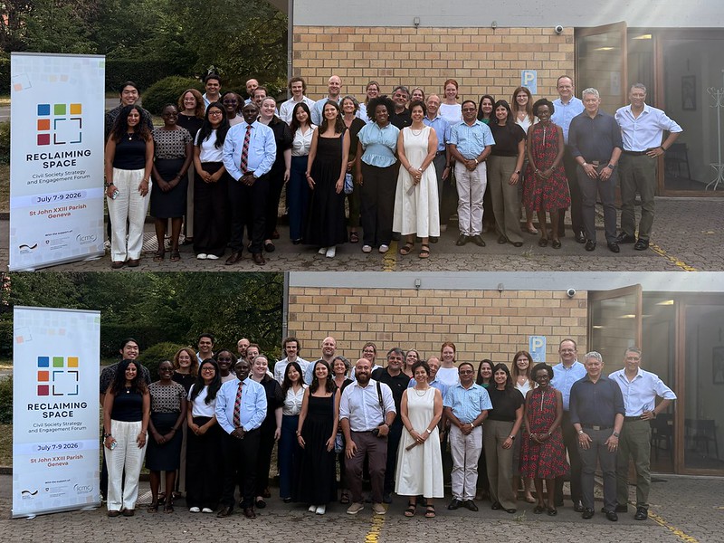 Reclaiming Space: Civil Society Strategy and Engagement Forum was convened in Geneva on 7-9 July 2026 by the Civil Society Action Committee coordinated by ICMC. Photo: Civil society representatives at the Forum, group photo taken outside